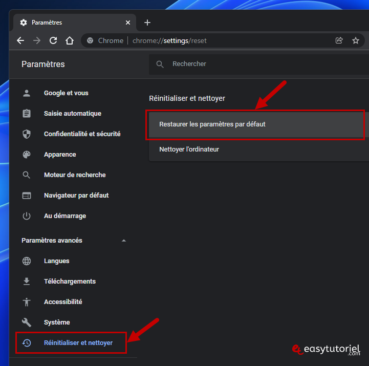 booster chrome 3 restaurer les parametres par defaut