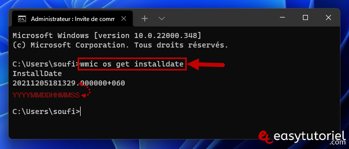 invite de commandes wmic os get installdate