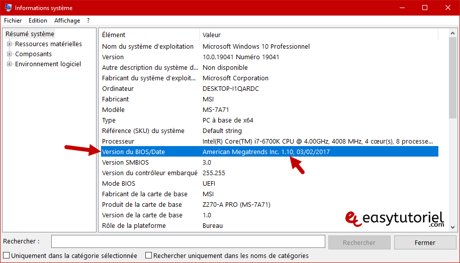 version du bios date
