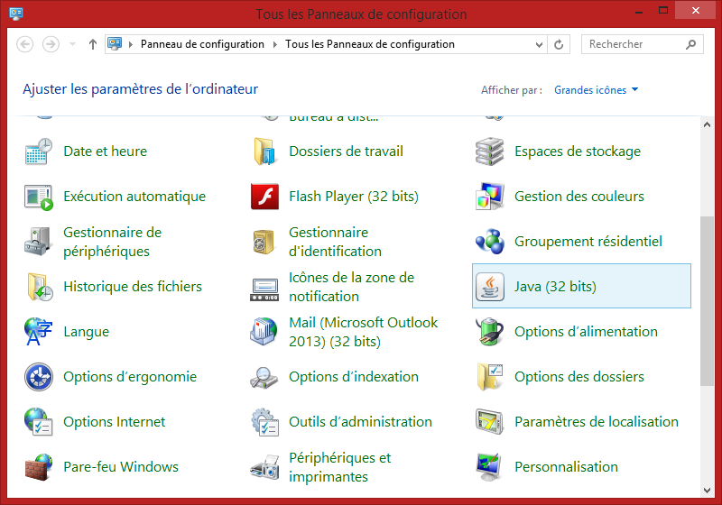java panneau de configuration
