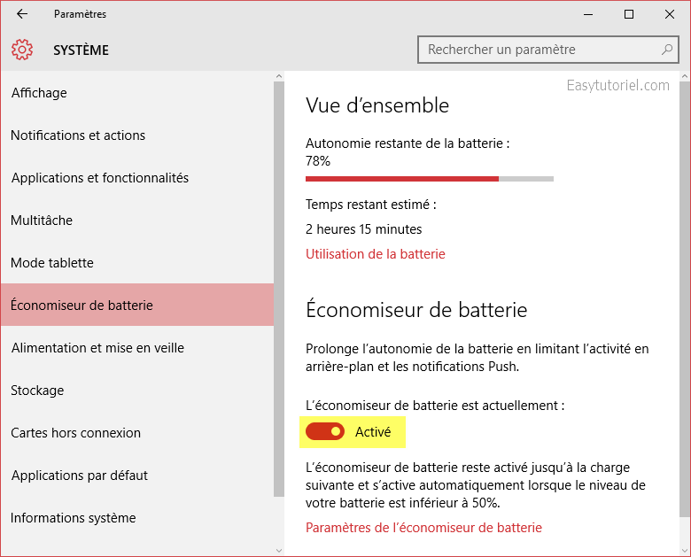 0 parametres windows 10 economiseur batterie activer