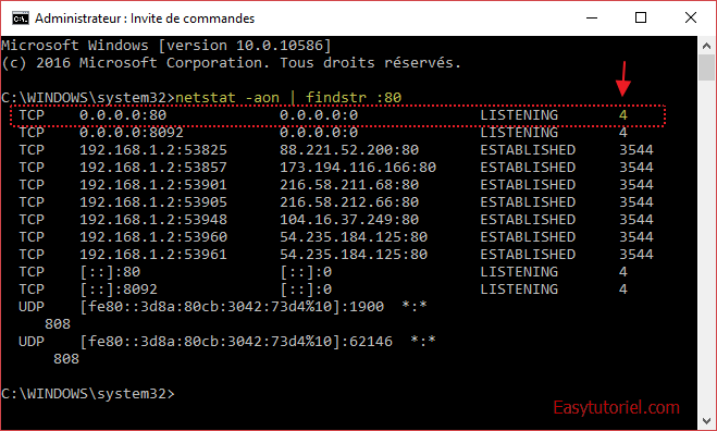 01 netstat aon port 80 findstr pid 4