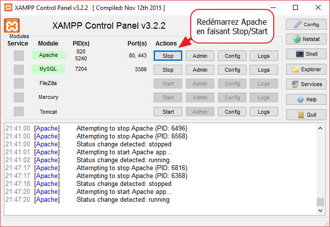 6 redemarrer apache xampp