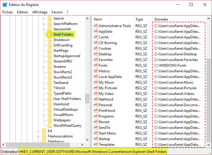 regedit registre shell folders explorer