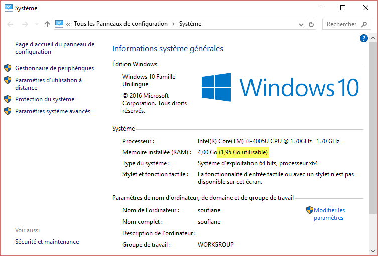 1 ram memoire installee utilisable