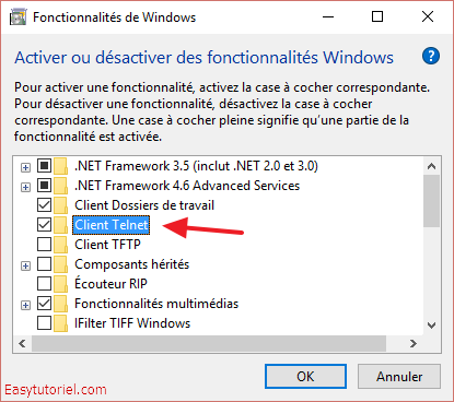 fonctionnalites windows client telnet