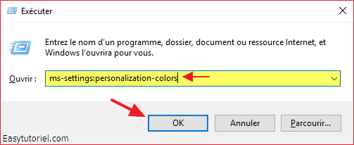 ms settings personnalization colors couleurs executer windows 10