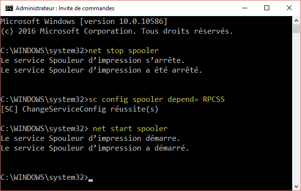 stop spooler sc config depend start spooler