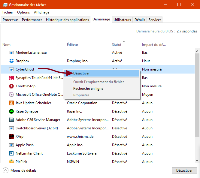 desactiver demarrage programmes inutiles windows