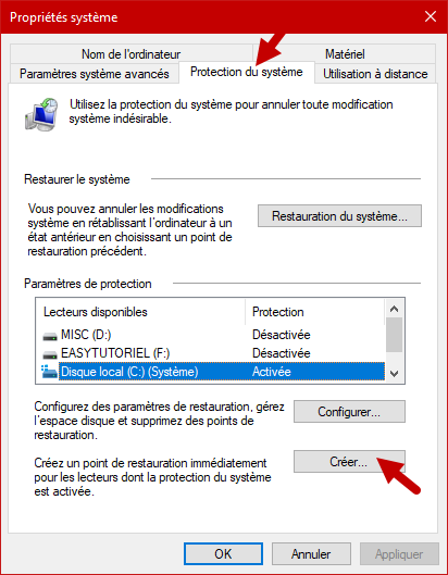 creer un point de restauration windows 10 4