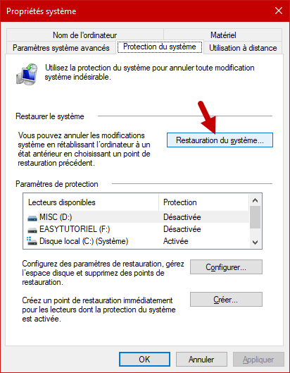 creer un point de restauration windows 10 8