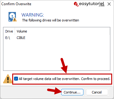 cloner disque dur ssd cle usb partition systeme rapide gratuit Macrium Reflect 13 warning overwritten