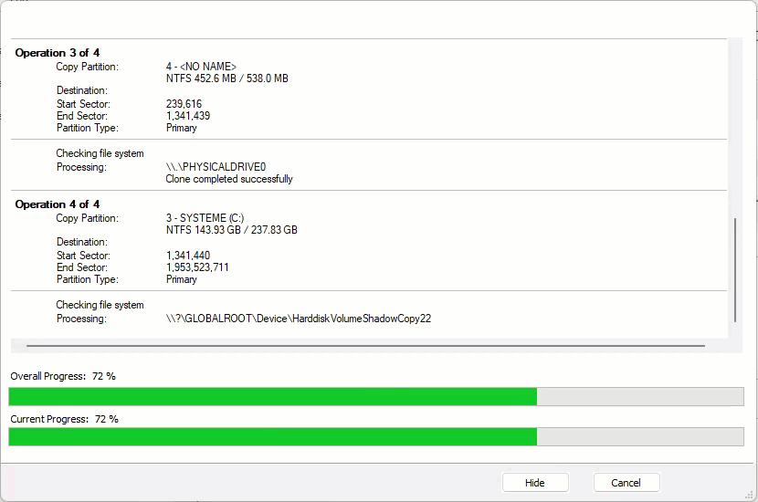 cloner disque dur ssd cle usb partition systeme rapide gratuit Macrium Reflect 14 clonage en cours