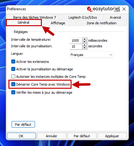 core temp temperature cpu processeur pc windows 11 5 demarrer core temp avec windows