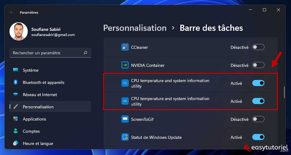 core temp temperature cpu processeur pc windows 11 9 barre des taches icones affiches