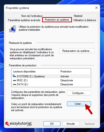 creer point de restauration windows 11 2