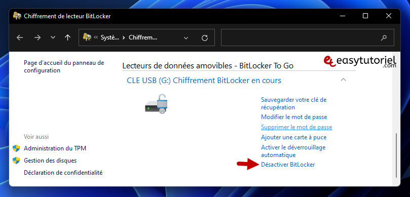 crypter cle usb disque dur windows 11 bitlocker 11 desactiver bitlocker