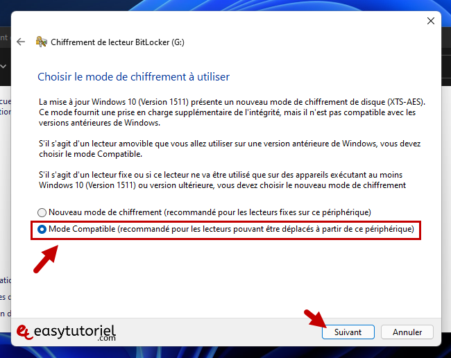 crypter cle usb disque dur windows 11 bitlocker 7 mode compatible