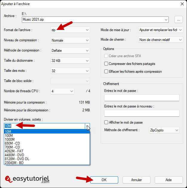 decouper fichier volumineux 7zip gros large upload taille fixe 2 diviser en volumes octets