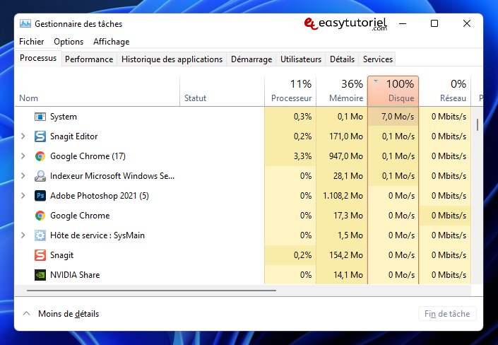 disque usage 100 gestionnaire des taches 1 erreur probleme