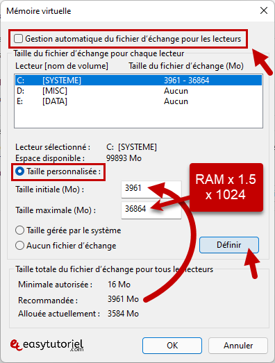 disque usage 100 gestionnaire des taches 10 memoire virtuelle gestion manuelle du fichier d echange pour les lecteurs