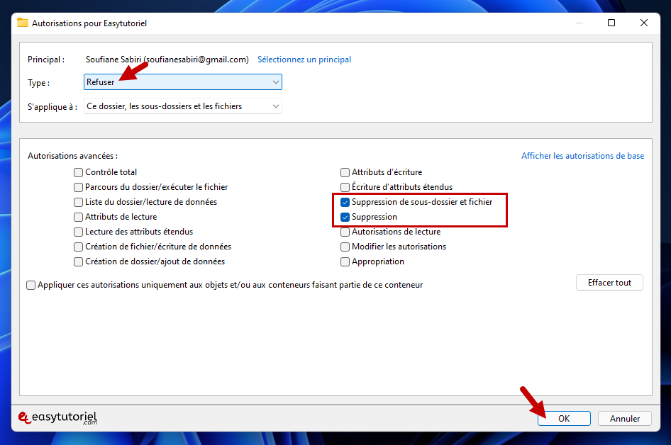 empecher utilisateur de supprimer dossier fichier windows 11 7 refuser supprimer ok