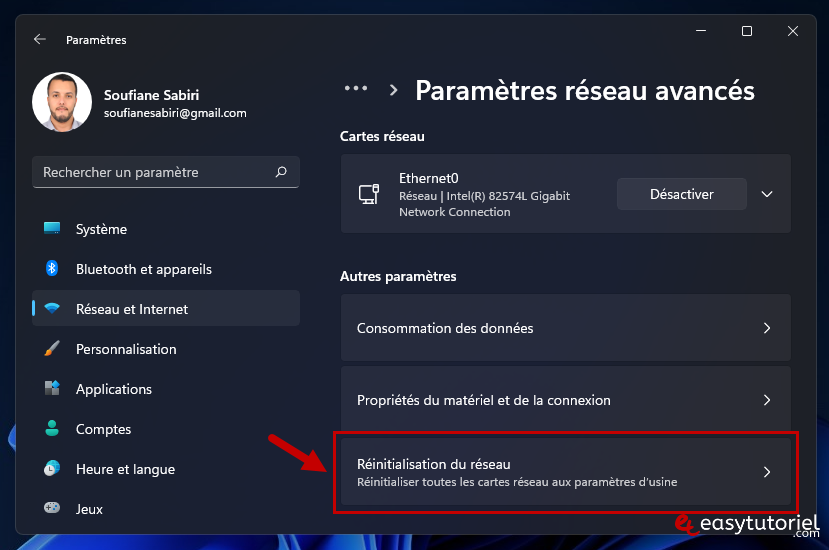 reinitialiser parametres reseau carte ethernet wi fi internet windows 11 2
