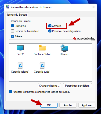 remettre ajouter afficher raccourci corbeille windows 11 5 parametres des icones du bureau corbeille coche