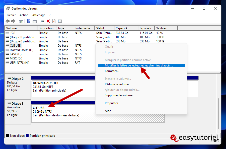 reparer cle usb endommagee flasher windows 11 2 gestion des disques attribuer une lettre au lecteur
