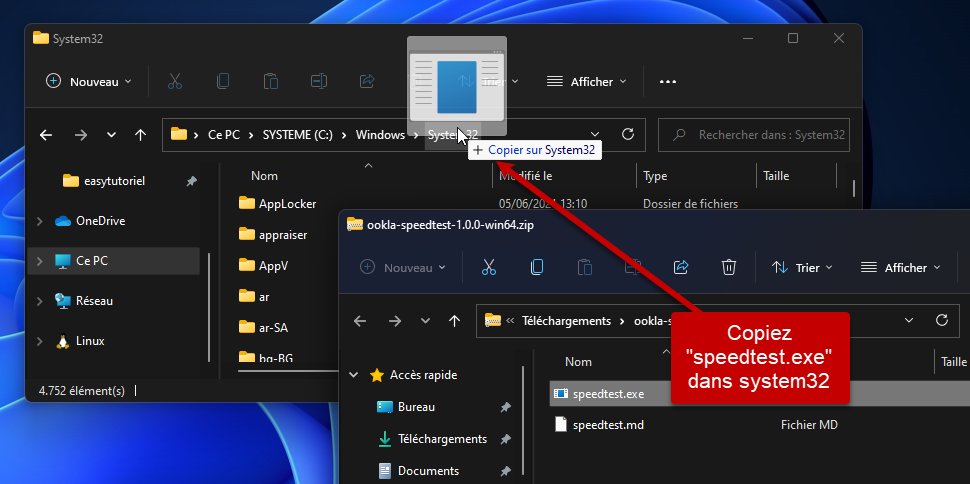 speedtest cmd tester vitesse internet bande passante telechargement debit 3 copier dans system32