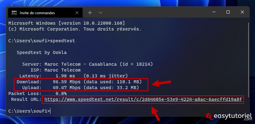 speedtest cmd tester vitesse internet bande passante telechargement debit 5 resultat speed download upload