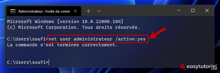 activer se connecter en tant administrateur windows 11 1 net user administrateur active yes