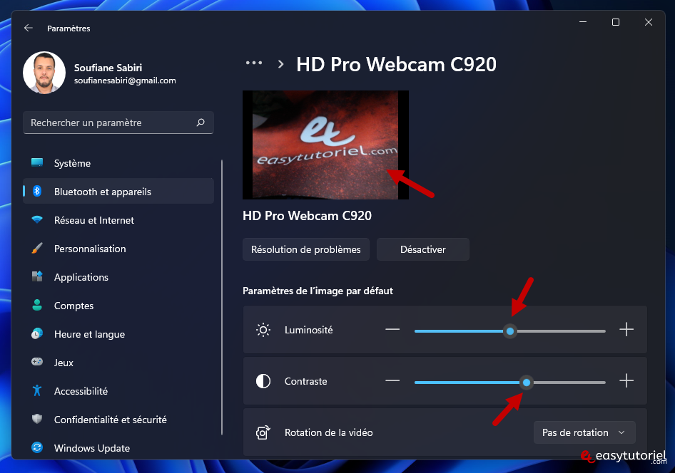 ajuster luminosite camera webcam windows 11 8