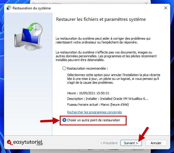 carte reseau probleme 21 choisir autre point restauration
