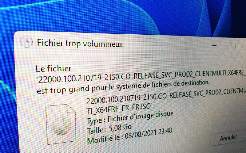 fichier trop volumineux cle usb disque dur ssd fat32 ntfs solution windows 11