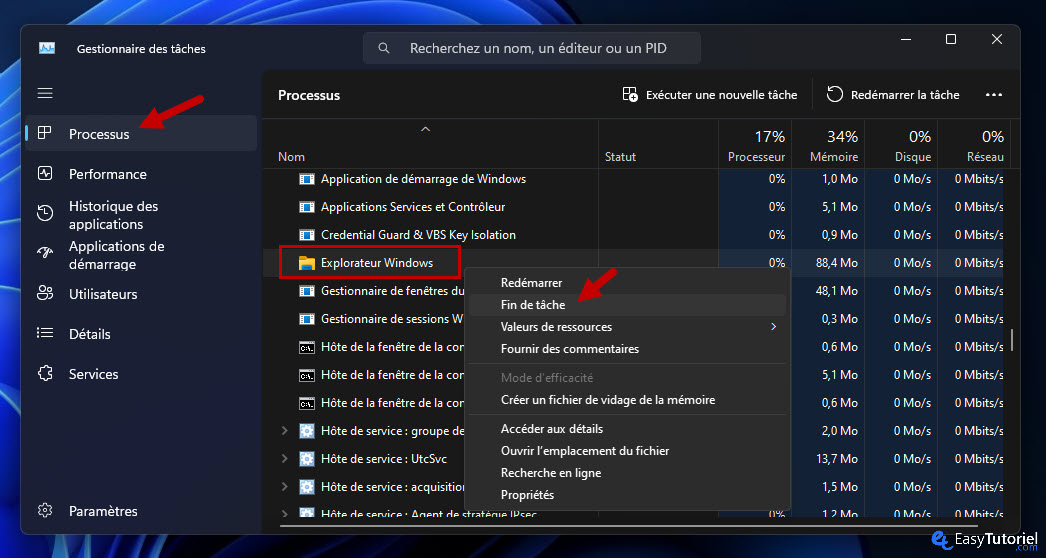 gestionnaire des taches explorateur windows fin tache
