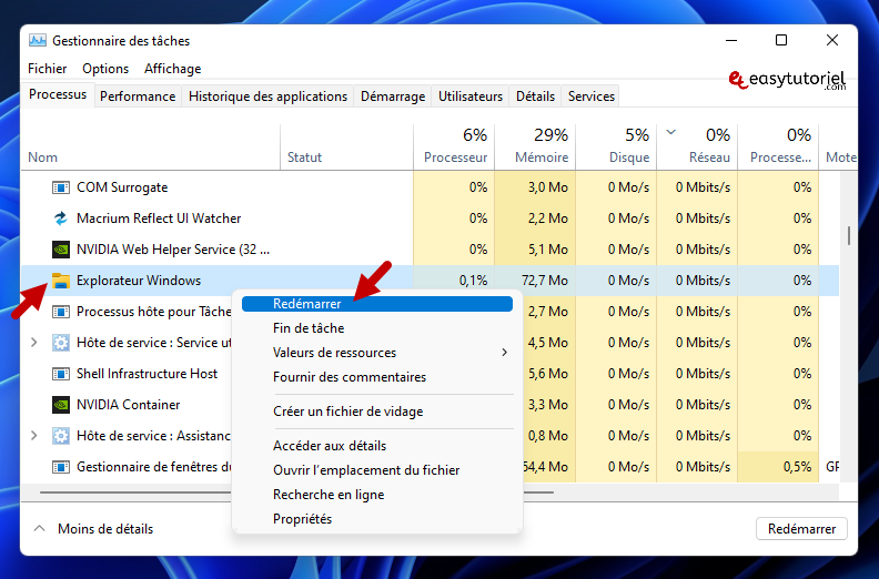 probleme plein ecran barre des taches windows 11 2 redemarrer explorateur windows gestionnaire des taches