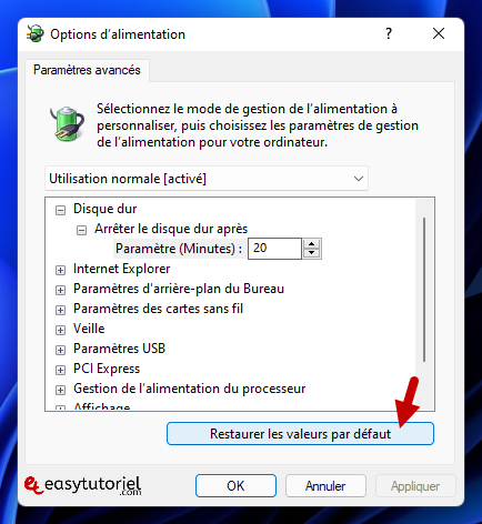 reparer mise en veille windows 11 10 restaurer les valeurs par defaut