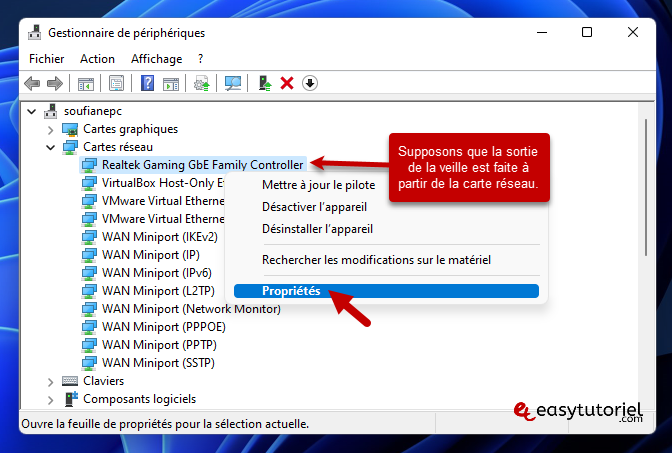 reparer mise en veille windows 11 7 proprietes carte reseau