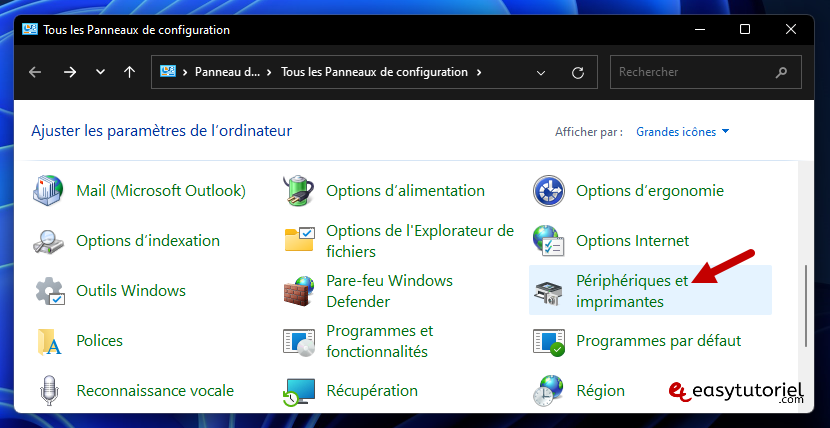 reparer molette roulette clic windows 11 panneau de configuration peripheriques imprimantes