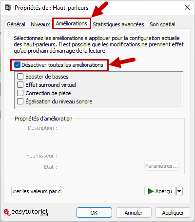 reparer probleme son windows 11 18 desactiver toutes les ameliorations