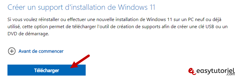 creer support installation windows 11 microsoft site officiel