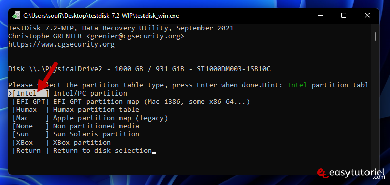 recuperer partition perdue 6 intel partition table type