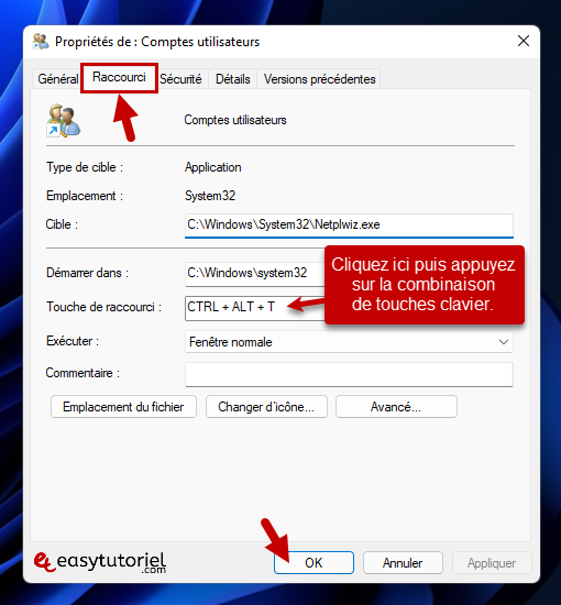 commandes executer windows 11 7 proprietes raccourci clavier