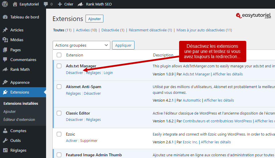 erreur err too many redirects 7 desactiver extensions wordpress
