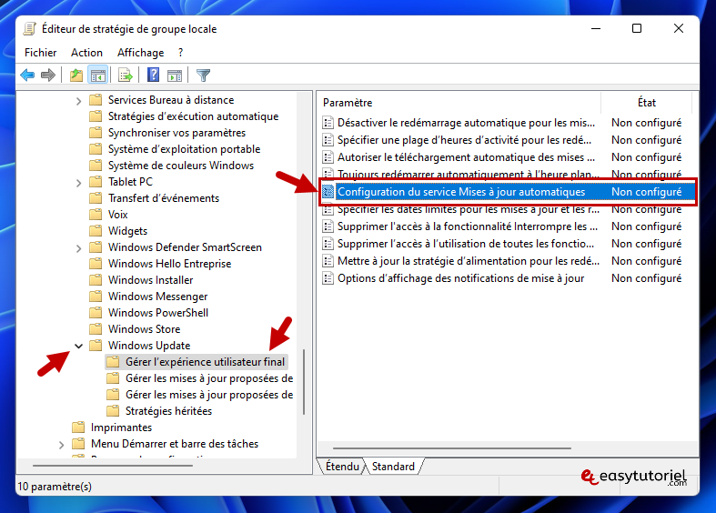 bloquer windows update 4 editeur strategie groupe locale configuration service mises a jour auto