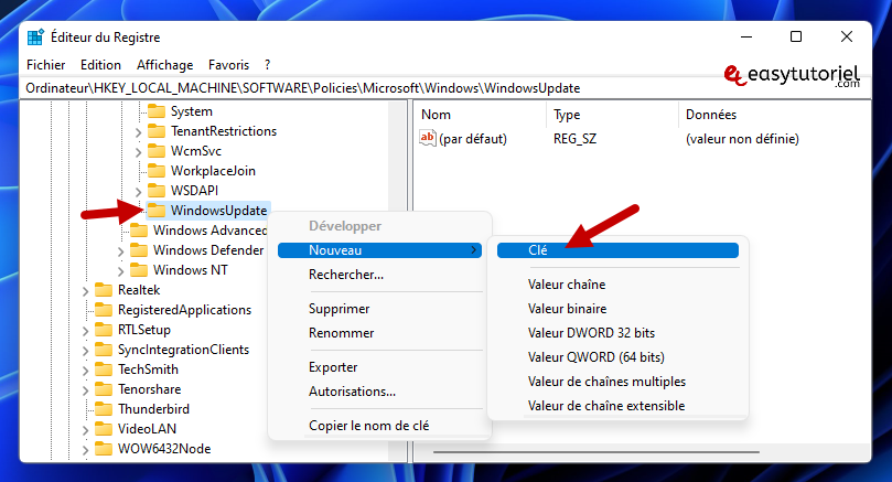 bloquer windows update 8 regedit nouveau cle