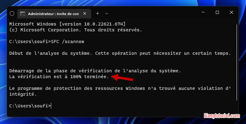 reparer registre 5 sfc scannow reussi
