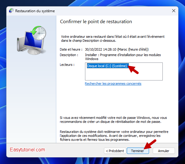 reparer registre 9 confirmer point restauration
