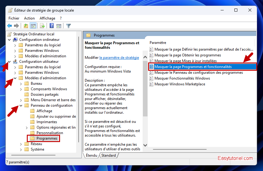 desactiver cacher programmes fonctionnalites panneau de configuration 5 editeur strategie de groupe locale